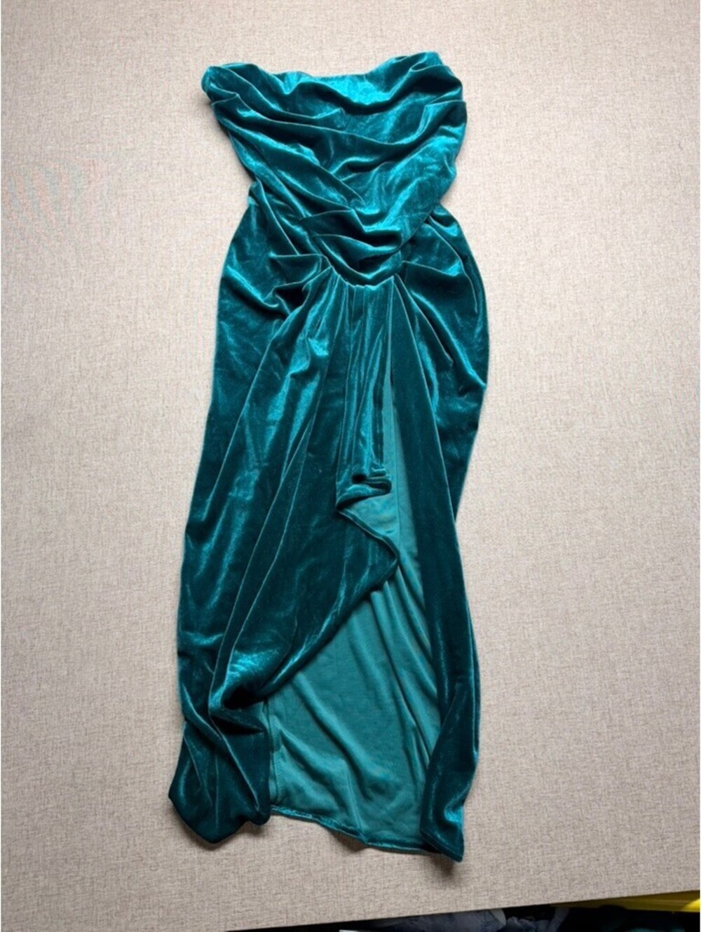 Rosedress Emerald Teal Velvet Strapless Ruched High Slit Formal Gown Dress